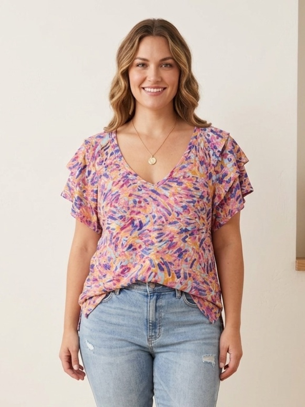 Democracy Abstract Print Ruffle Flutter Sleeve V-Neck Top Size Large EUC